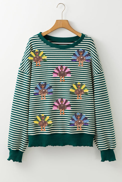 Sequin Turkey Graphic Striped Drop Shoulder Pullover Top