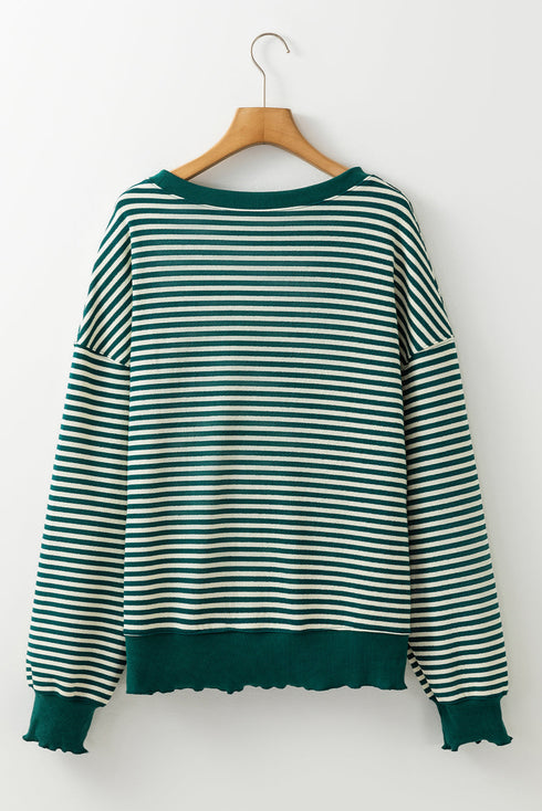 Sequin Turkey Graphic Striped Drop Shoulder Pullover Top