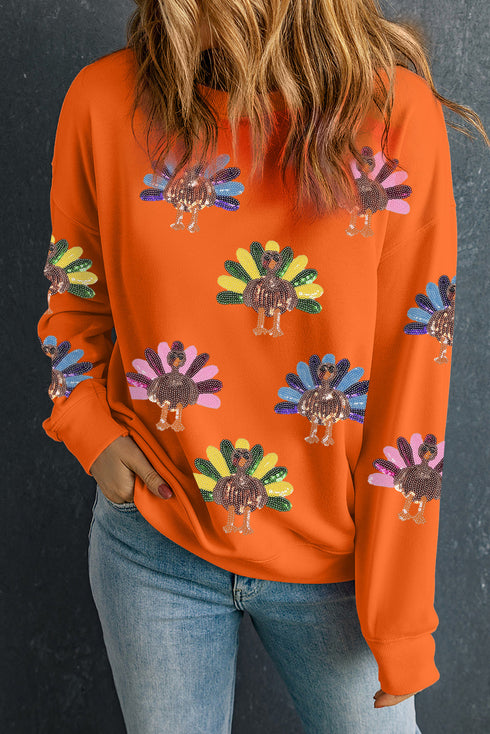 Sequin Turkey Motif Crewneck Pullover Sweatshirt