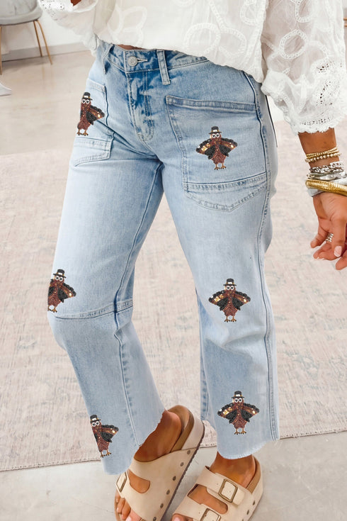Sequin Turkey Patch Pocket Raw Hem Ankle Length Pants
