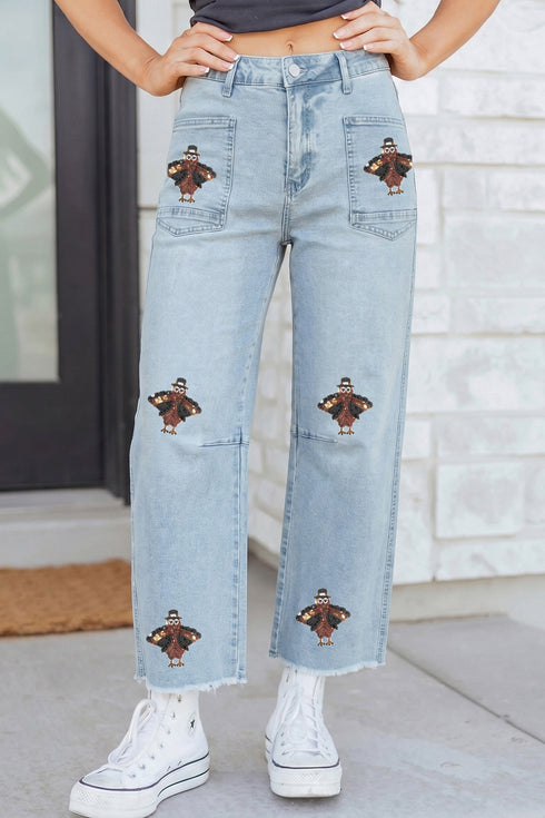 Sequin Turkey Patch Pocket Raw Hem Ankle Length Pants