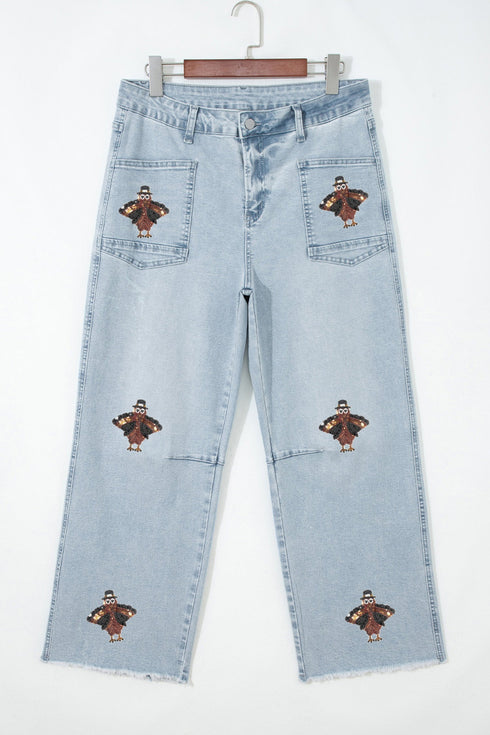 Sequin Turkey Patch Pocket Raw Hem Ankle Length Pants
