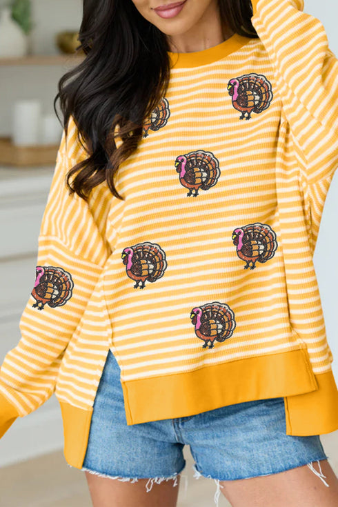 Sequin Turkey Stripe High Low Hem Pullover Sweatshirt