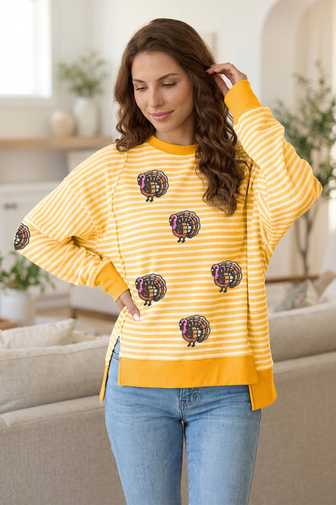 Sequin Turkey Stripe High Low Hem Pullover Sweatshirt