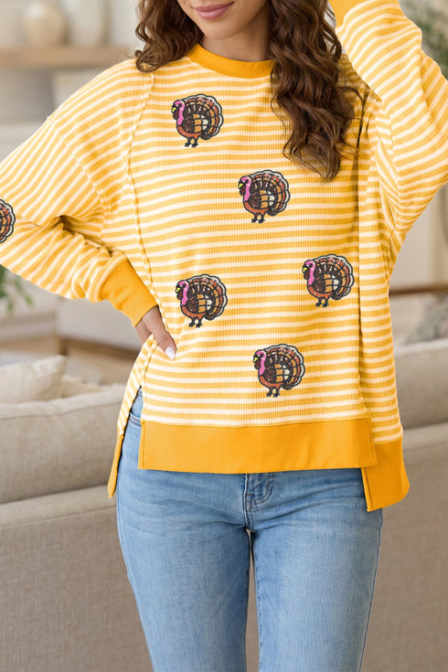 Sequin Turkey Stripe High Low Hem Pullover Sweatshirt