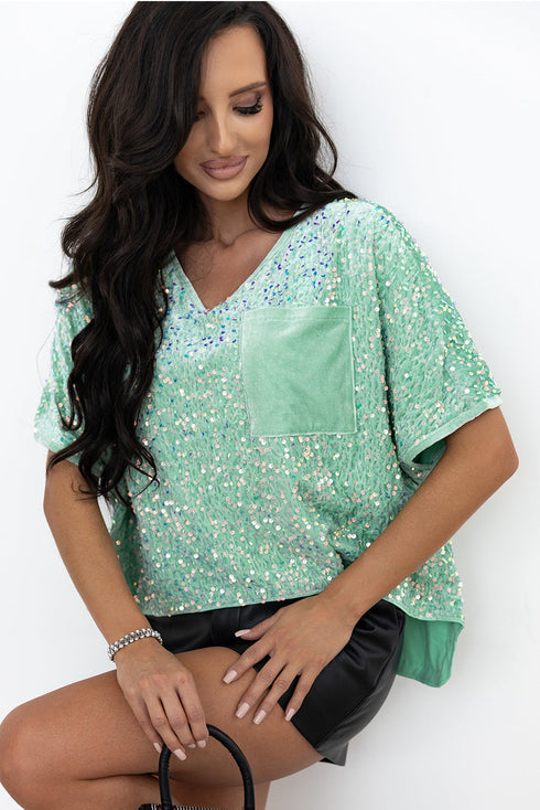 Sequin Velvet Batwing Sleeve V Neck Blouse