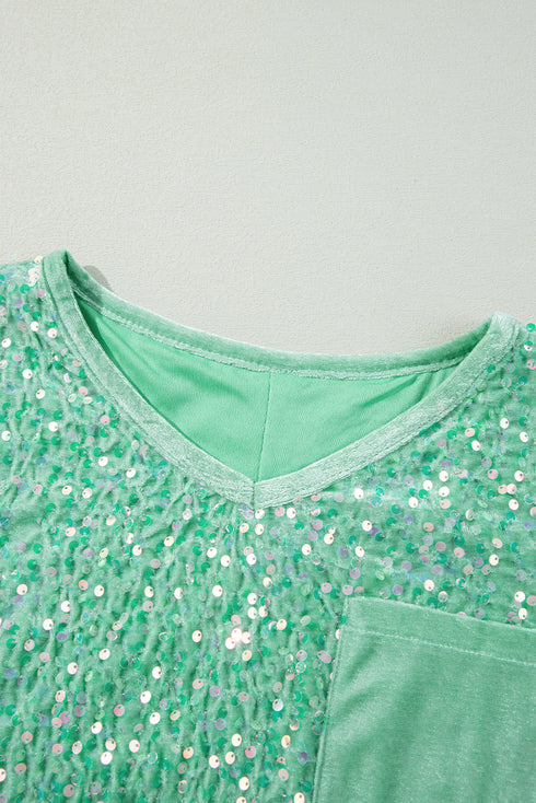 Sequin Velvet Batwing Sleeve V Neck Blouse