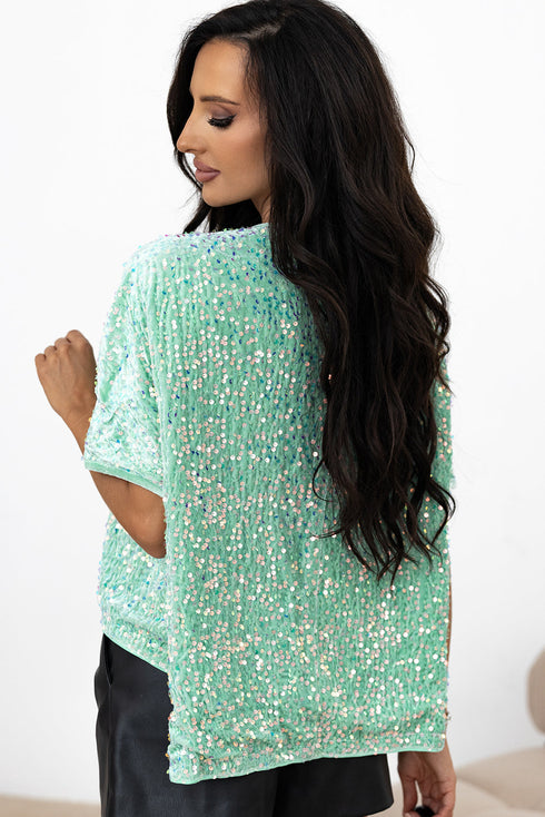 Sequin Velvet Batwing Sleeve V Neck Blouse