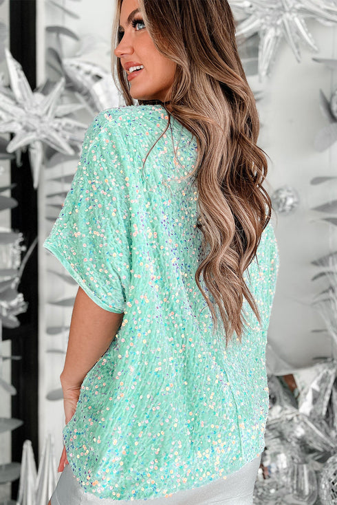 Sequin Velvet Batwing Sleeve V Neck Blouse