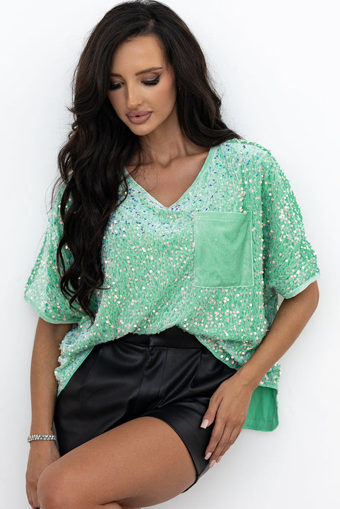 Sequin Velvet Batwing Sleeve V Neck Blouse