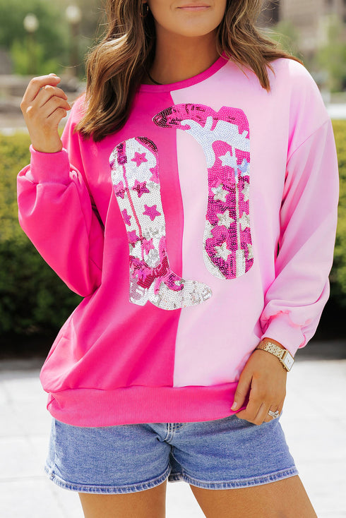Sequin Western Boot Graphic Two Tone Pullover Sweatshirt