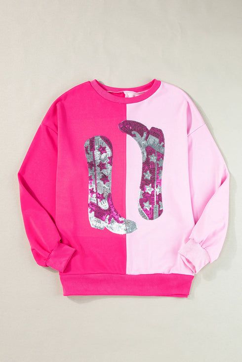 Sequin Western Boot Graphic Two Tone Pullover Sweatshirt