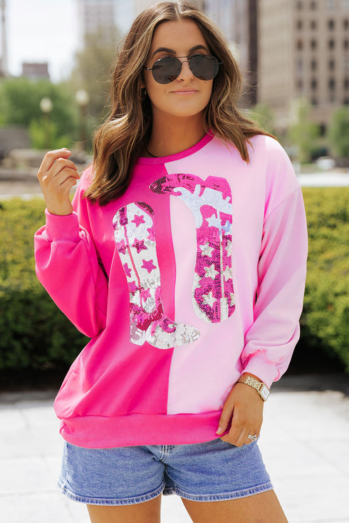 Sequin Western Boot Graphic Two Tone Pullover Sweatshirt