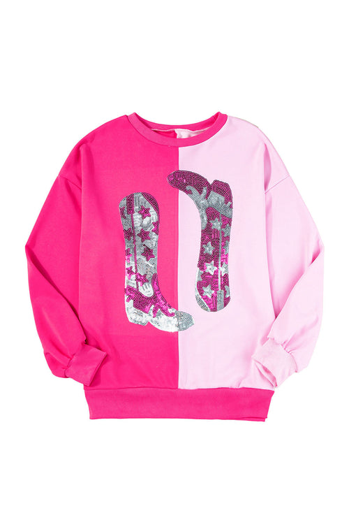 Sequin Western Boot Graphic Two Tone Pullover Sweatshirt