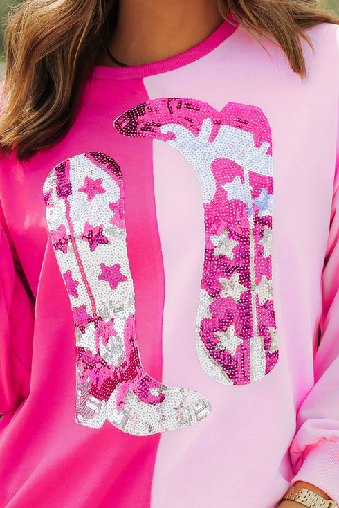Sequin Western Boot Graphic Two Tone Pullover Sweatshirt