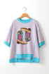 Sequin Western Cactus And Boots Graphic Striped T Shirt