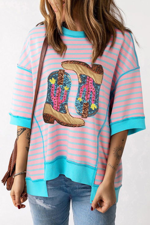 Sequin Western Cactus And Boots Graphic Striped T Shirt