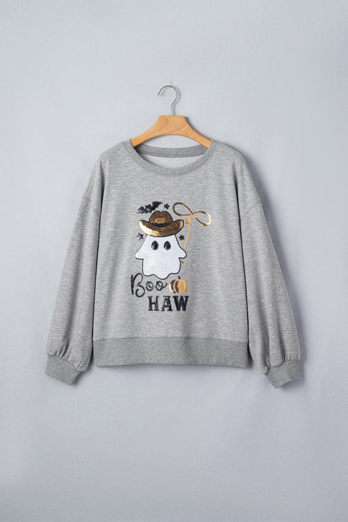 Sequin Western Ghost Print Long Sleeve Round Neck Sweatshirt