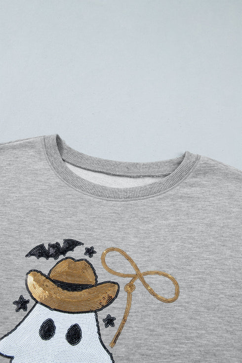 Sequin Western Ghost Print Long Sleeve Round Neck Sweatshirt