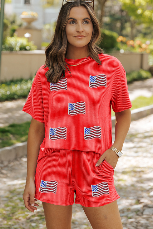 Sequined American Flag Corded Ribbed Texture Graphic Set