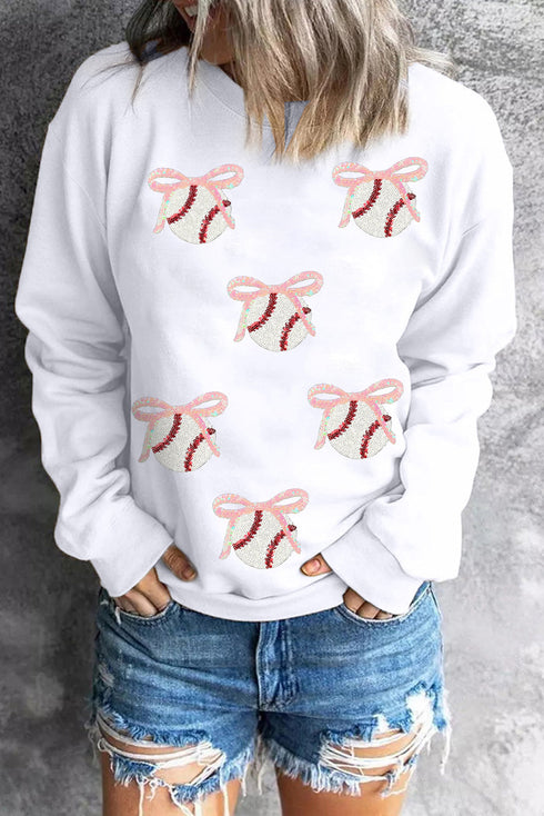 Sequined Baseball Bow Graphic Pullover Sweatshirt