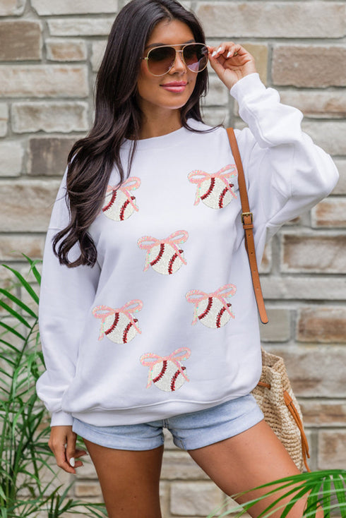 Sequined Baseball Bow Graphic Pullover Sweatshirt
