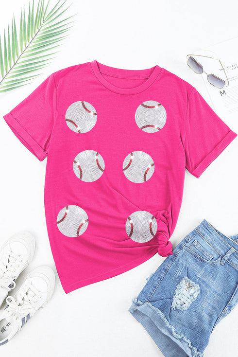 Sequined Baseball Graphic Cotton Blend Short Sleeve Tee