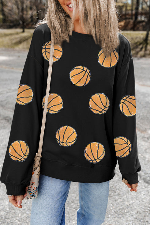 Sequined Basketball Graphic Crew Neck Pullover Sweatshirt