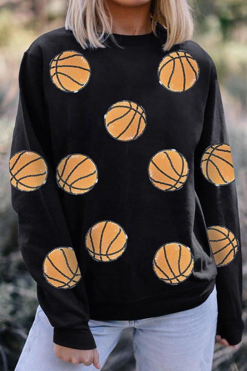 Sequined Basketball Graphic Crew Neck Pullover Sweatshirt