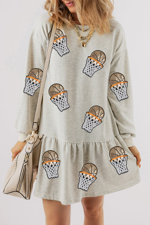 Sequined Basketball Graphic Ruffled Long Sleeve Mini Dress