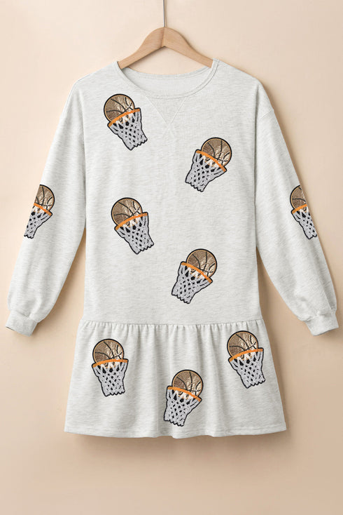 Sequined Basketball Graphic Ruffled Long Sleeve Mini Dress