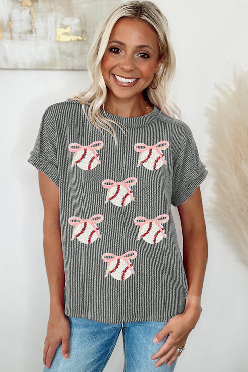 Sequined Bow Ribbed Knit Graphic Short Sleeve Tee