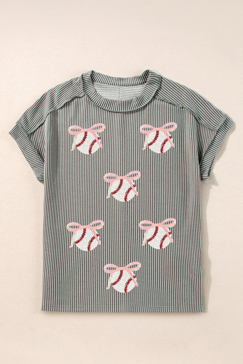 Sequined Bow Ribbed Knit Graphic Short Sleeve Tee