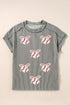 Sequined Bow Ribbed Knit Graphic Short Sleeve Tee