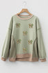 Sequined Bow Waffle Patchwork Paneled Loose Graphic Sweatshirt