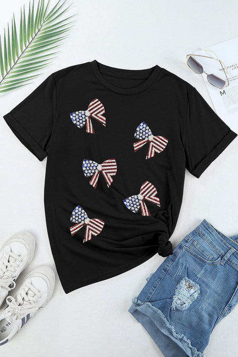 Sequined Bowknot Graphic Short Sleeve Crew Neck T Shirt