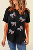 Sequined Bowknot Graphic Short Sleeve Crew Neck T Shirt