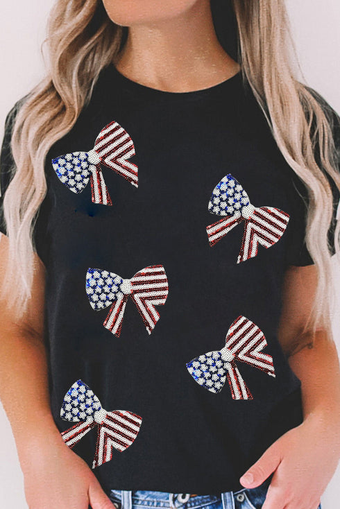 Sequined Bowknot Graphic Short Sleeve Crew Neck T Shirt