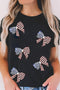 Sequined Bowknot Graphic Short Sleeve Crew Neck T Shirt