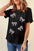 Sequined Bowknot Graphic Short Sleeve Crew Neck T Shirt