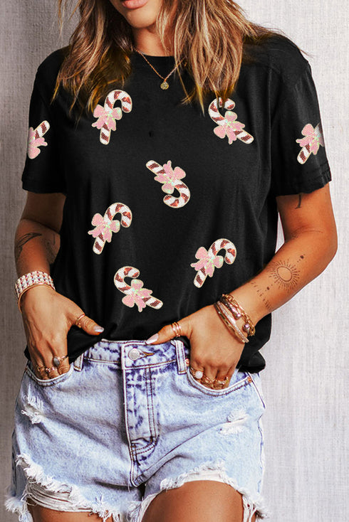 Sequined Candy Cane Bow Graphic Crewneck Drop Shoulder Relaxed Fit Tee