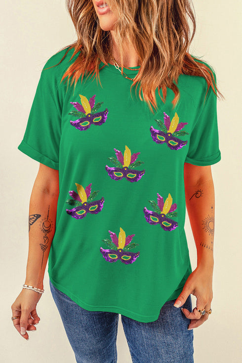 Sequined Carnival Mask Rolled Sleeve Graphic Tee
