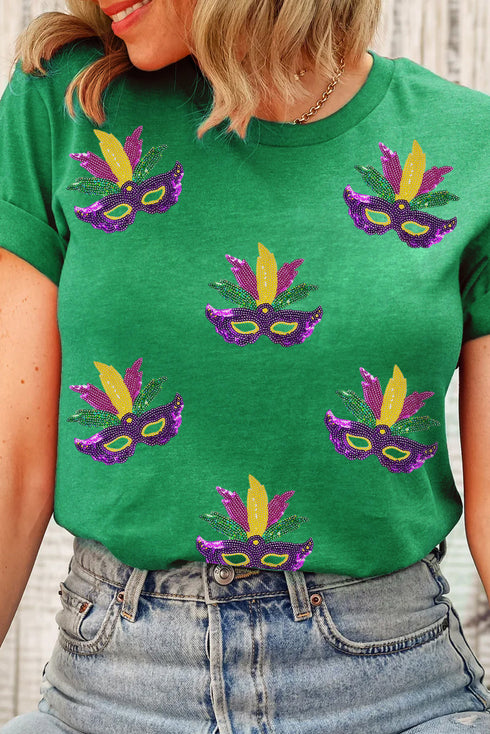 Sequined Carnival Mask Rolled Sleeve Graphic Tee