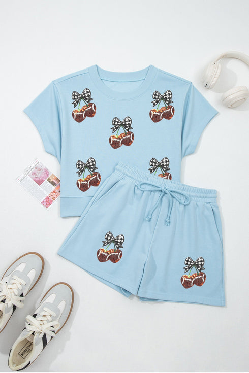 Sequined Cherry Graphic Coordinated Casual Pant Set