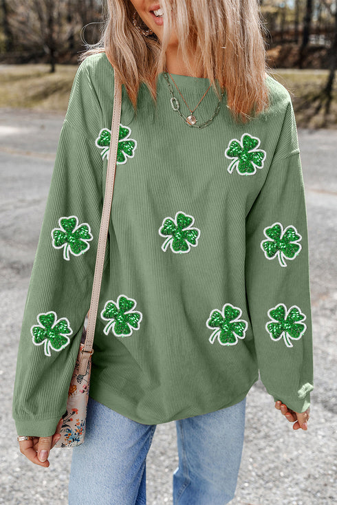 Sequined Clover Patch Ribbed Knit Pullover Sweatshirt