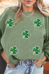 Sequined Clover Patch Ribbed Knit Pullover Sweatshirt