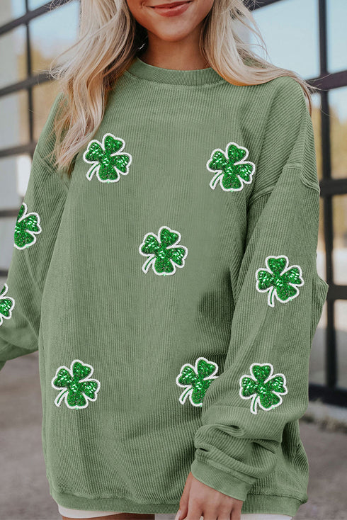 Sequined Clover Patch Ribbed Knit Pullover Sweatshirt