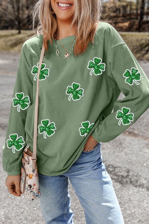Sequined Clover Patch Ribbed Knit Pullover Sweatshirt