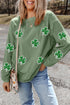 Sequined Clover Patch Ribbed Knit Pullover Sweatshirt