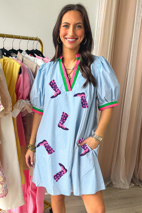 Sequined Cowgirl Boot Print Puff Sleeve V Neck Graphic Dress